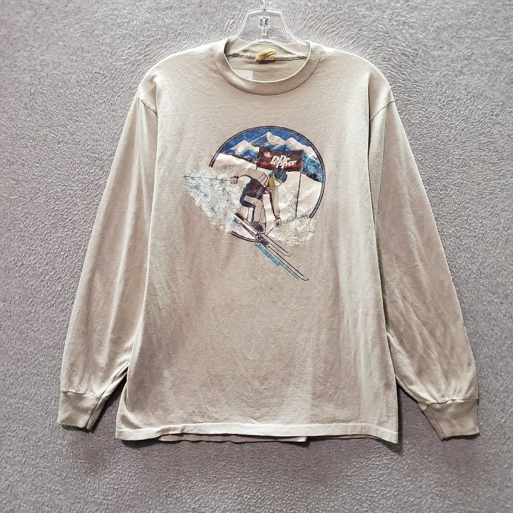 VINTAGE Dr Pepper Women Top XL Beige‎ Shirt Single Stitch Logo Skiing 80s READ